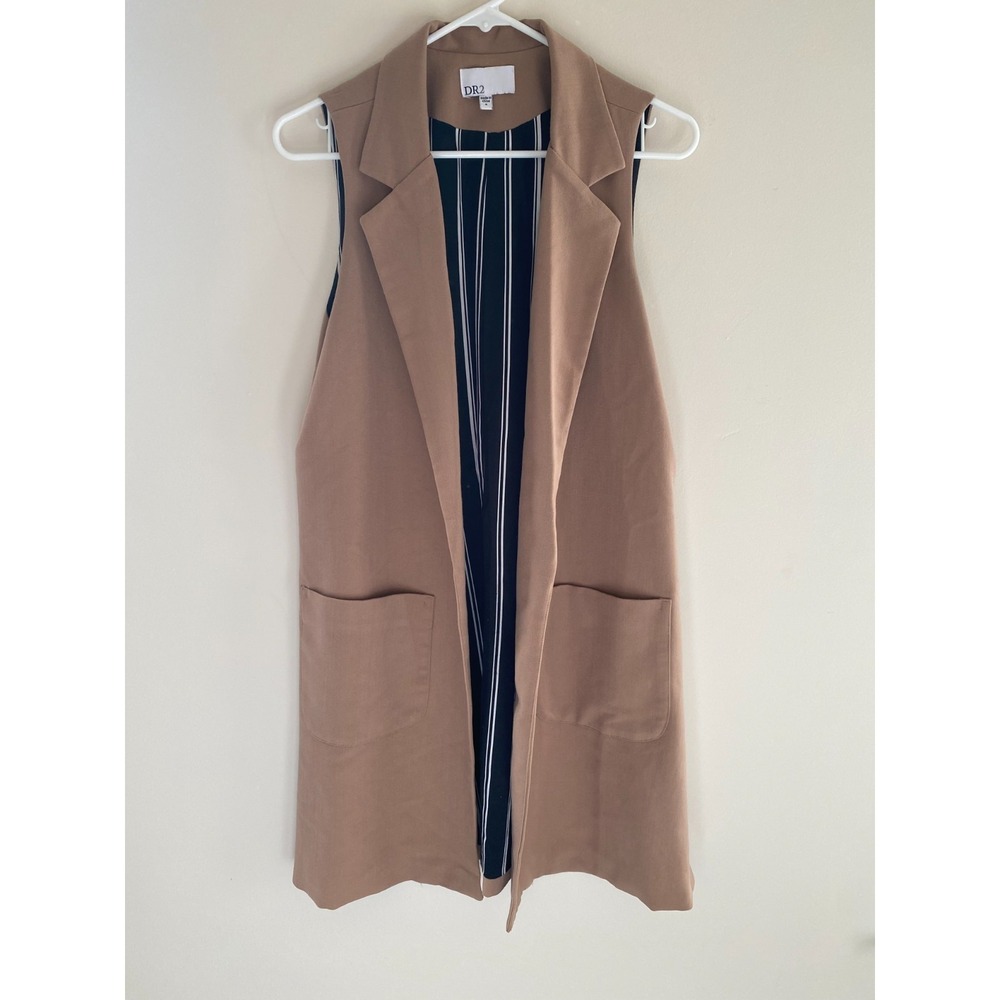 DR2 Womens Sleeveless Duster Vest Tan Open Front Long Pocket Cardigan Small